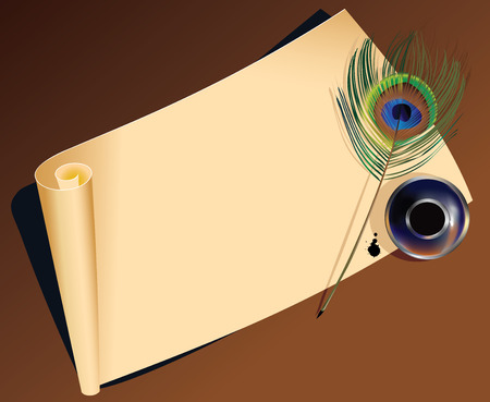 Vector illustration of writing feathers, paper and inkのイラスト素材