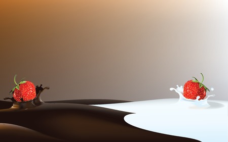 Vector illustration of strawberry dropped into liquid milk or chocolateのイラスト素材