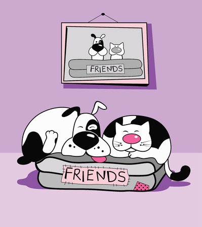 Vector illustration of an old dog and an old cat sleeping together. A portrait of them young on the wall.のイラスト素材