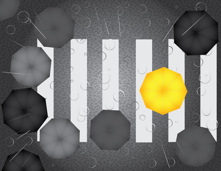 Vector illustration of one bright umbrella among a lot of gray one\'sのイラスト素材