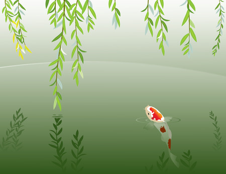 Vector illustration of willow branches at pond with carp in itのイラスト素材