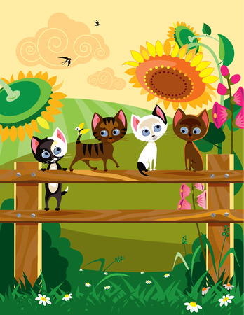 Vector illustration of kitties playing on a fence in countrysideのイラスト素材