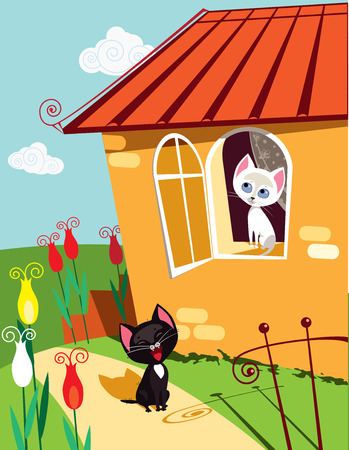 Vector illustration of funny cat singing serenade to his girlfriendのイラスト素材