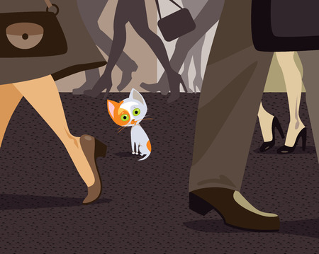 Vector illustration of alone homeless kitty in humans crowdのイラスト素材