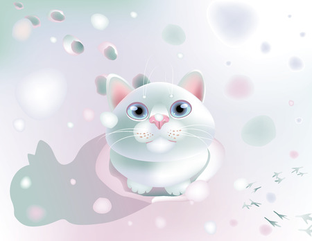 Vector illustration of white fluffy cat sitting on snowのイラスト素材