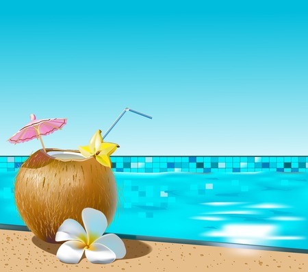Vector illustration of coconut cocktail on swimming pool sideのイラスト素材