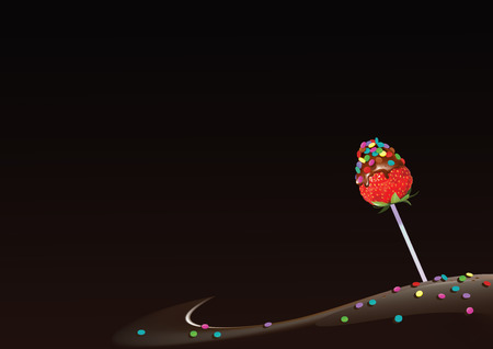  illustration of strawberry on a stick, decorated with small candies and on chocolate backgroundのイラスト素材