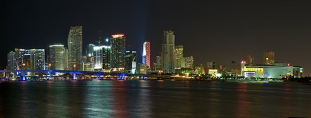 Panoramic view of downton Miami at night, with space for copy in the water.の写真素材