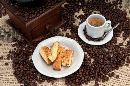 Espresso Coffee and italian Biscotti with Almonds and Walnutsの写真素材