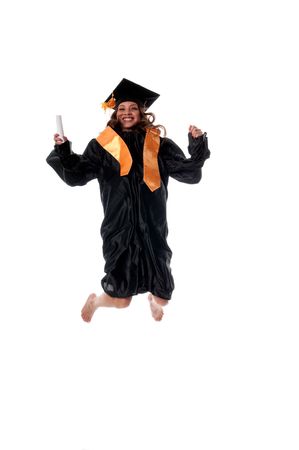 Young girl student jumping very happy.の写真素材