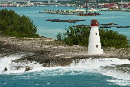 View of lighthouse in Nassau, Bahamas with the seaport in the back.の写真素材
