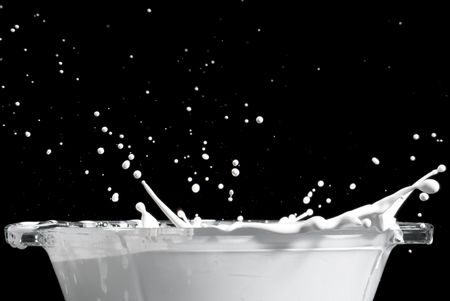 Splash of milk over black background in bowl.の写真素材