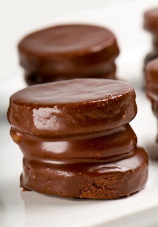 Close up of chocolate cookie, also a traditional argentiean sweet, called alfajor covered with chocolate.の写真素材