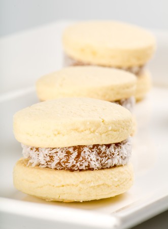 Close up of cornflour cookies filled with caramel and coconut.の写真素材