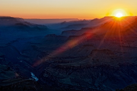 View of sunset from the South Rim in Grand Canyon, National Park. The Grand Canyon is a steep-sided gorge carved by the Colorado River in the United States in the state of Arizona. This is  one of the first national parks in the United Statesの写真素材