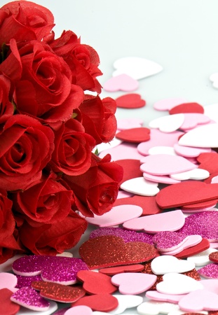Bouquet of artifical red roses with valentines.の写真素材