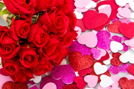 Bouquet of artifical red roses with background of valentines.の写真素材