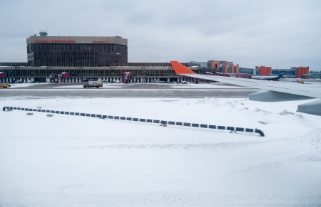 MOSCOW - CIRCA MARCH 2013  Airplane landing in Sheremetyevo International Airport in Moscow circa 2013  This is a major hub with more than 26 million passengers in 2012 のeditorial素材