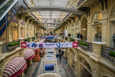 MOSCOW - CIRCA MARCH 2013  Interior view of the GUM Shopping Mall in the Red Square in Moscow, circa 2013  With a population of more than 11 million people is one the largest cities in the world and a popular tourist destination のeditorial素材
