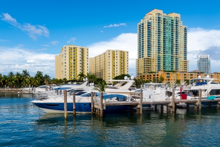 View of luxurious boats and yacht docked in a Miami Beach Marinaのeditorial素材