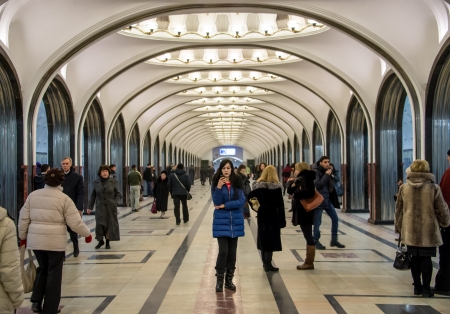 MOSCOW - CIRCA MARCH 2013: People walking in the famous Mayakovskaya Metro Station circa march 2013. With a population of more than 11 million people is one the largest cities in the world and a popular tourist destination.のeditorial素材