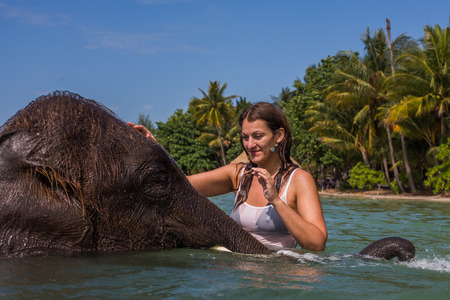 Girl swims with the elephant in the blue sea-ocean in Thailandの写真素材
