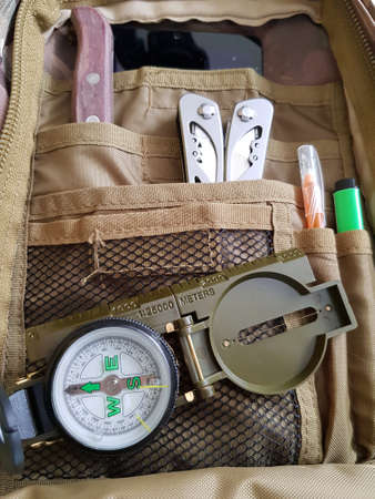 Compass and multitool are in the backpack