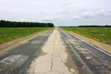 Deserted asphalt road in green fieldの写真素材