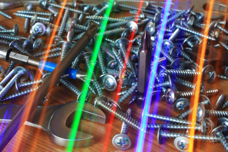 Metal screws, screwdriver bits and spannersの写真素材