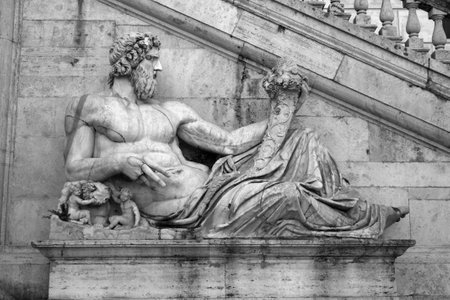 Stone ancient bas-relief of Neptune in Romeの写真素材