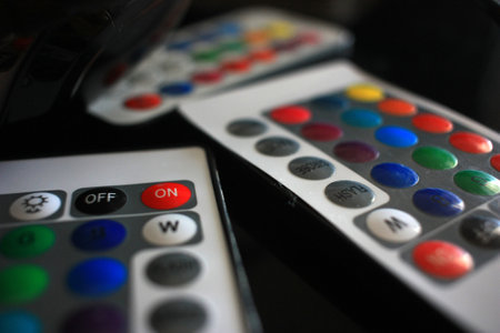 Red power button on the remote controlの写真素材