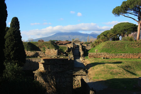 Alley among ancient buildings in Pompeiiの写真素材