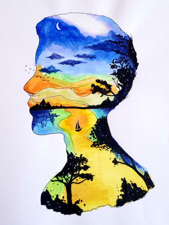 Watercolor illustration of a woman with a silhouette of a tree.の写真素材