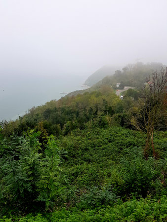 View of the sea from the top of the mountain in the fogの写真素材