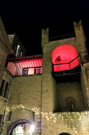 Night view of the medieval city wall in Barcelona, Spain.の写真素材