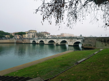 Bridge over the river in a town in Tuscany, Italyの写真素材