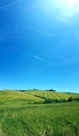 Rural landscape in Tuscany, Italy. Green hills and blue sky