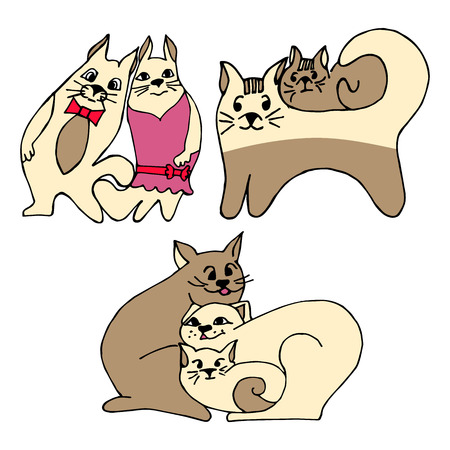 Three vector illustration of a cute family of cartoon cats. Can be used for greeting card or print design.のイラスト素材