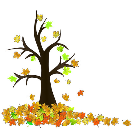 A tree trunk with falling maple autumn leaves. Hand-drawn vector colored illustration on a white background.のイラスト素材