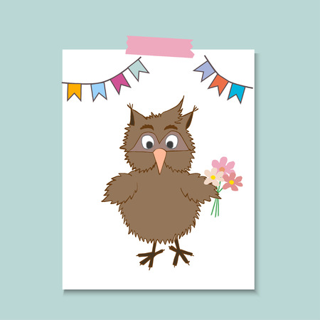 Cute little owl with flower. Vector cartoon illustration can be used for baby t-shirt, print design, baby shower, greeting and invitation card.のイラスト素材
