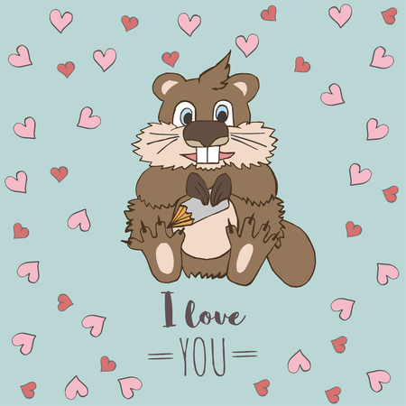 Cute little beaver with pencil, hearts and words I love you. Vector cartoon illustration can be used for baby t-shirt, print design, baby shower, greeting and invitation card.のイラスト素材