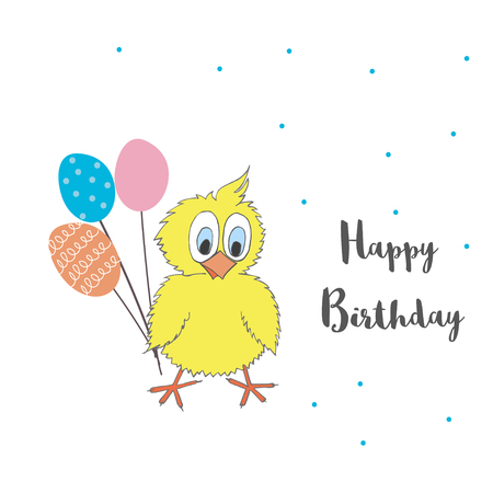 Cute little chicken with balloons and words Happy Birthday. Vector cartoon illustration can be used for baby t-shirt, print design, baby shower, greeting and invitation card.のイラスト素材
