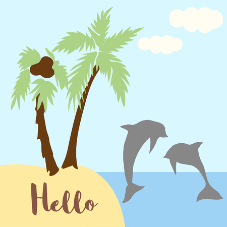 Dolphins jump over the water. Beach with a coconut palm. Vector cartoon illustration can be used for baby t-shirt, print design, baby shower, greeting and invitation card.のイラスト素材