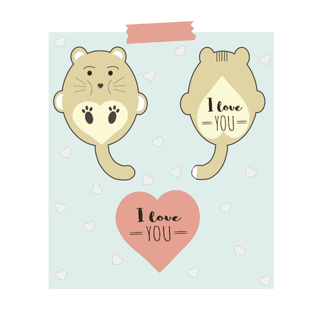 Cute little animal couples with hearts and text I love you. Cartoon illustration can be used for baby t-shirt, print design, baby shower, greeting and invitation card.のイラスト素材