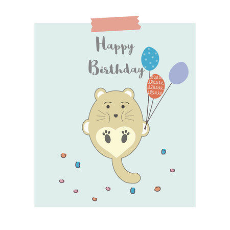 Cute little animal with ballons and text Happy Birthday. Cartoon illustration can be used for baby t-shirt, print design, baby shower, greeting and invitation card.のイラスト素材