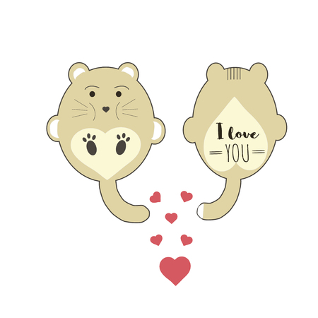 Cute little animal couples with hearts and text I love you. Cartoon illustration can be used for baby t-shirt, print design, baby shower, greeting and invitation card.のイラスト素材