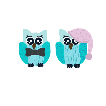 Vector illustration whith of two cute cartoon owls  for greeting card and invitation.のイラスト素材