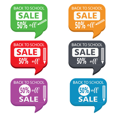 School bright stickers, icons. Back to school sale. Colorful school objects and text.のイラスト素材