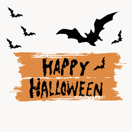 Hand drawn lettering of Happy Halloween and bat silhouette on the white background. Vector illustration.のイラスト素材