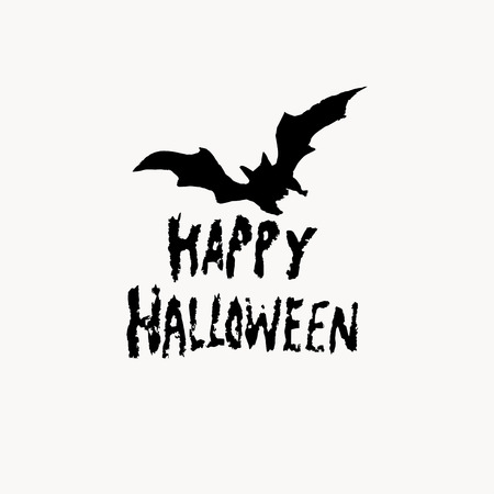 Hand drawn lettering of Happy Halloween and bat silhouette on the white background. Vector illustration.のイラスト素材